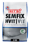 Förpackning med fästmassa "HEY'DI SEMFIX Hvit/Vit" 5 kg, med text på flera språk och miljömärke.