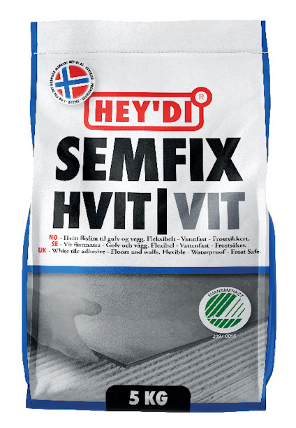 Förpackning med fästmassa "HEY'DI SEMFIX Hvit/Vit" 5 kg, med text på flera språk och miljömärke.