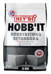 Förpackning av Hey'di Hobb'it hobbybetong 5 kg, med bild på två betongklossar och text på norska, svenska och engelska.