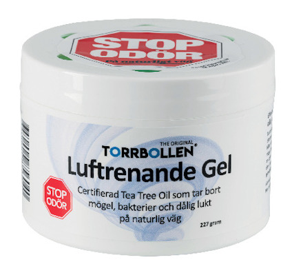 Vit burk med texten "TORRBOLLEN LUFTRENANDE GEL" och "STOP ODÖR". Innehåller 227 gram.