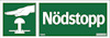 Grön skylt med texten "Nödstopp" och en symbol av en hand som trycker på en knapp.