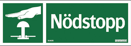 Grön skylt med texten "Nödstopp" och en symbol av en hand som trycker på en knapp.