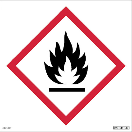 Röd ram med en svart flamma i mitten på vit bakgrund, symboliserar brandfarliga ämnen.