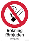 Skylt med cigarett och rök i en röd cirkel med ett snedstreck. Text: "Rökning förbjuden enligt lag".