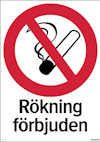 Skylt med texten "Rökning förbjuden" under en överkryssad cigarettsymbol.