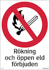 Röd cirkel med genomstreck över en tändsticka i lågor. Text: "Rökning och öppen eld förbjuden".