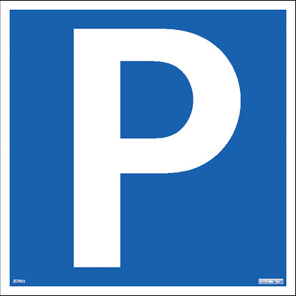Blå parkeringsskylt med ett stort vitt "P" i mitten.