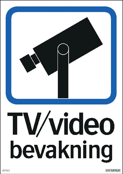 Övervakningskameraikon i svart med blå ram och texten "TV/video bevakning" på vit bakgrund.