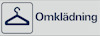 Skylt med en ikon av en galge och texten "Omklädning" i blått på en ljus grå bakgrund.