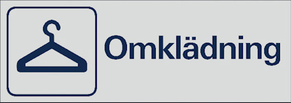 Skylt med en ikon av en galge och texten "Omklädning" i blått på en ljus grå bakgrund.