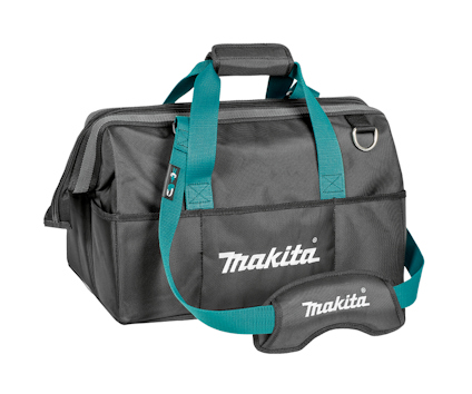 Verktygsväska i svart med blå handtag och axelrem, märkt med "Makita".