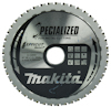 Cirkelformad sågklinga med texten "SPECIALIZED FOR METAL CUTTING" och "Makita" samt olika symboler och märkningar.