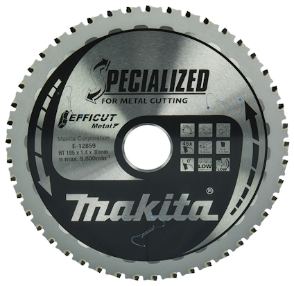 Cirkelformad sågklinga med texten "SPECIALIZED FOR METAL CUTTING" och "Makita" samt olika symboler och märkningar.