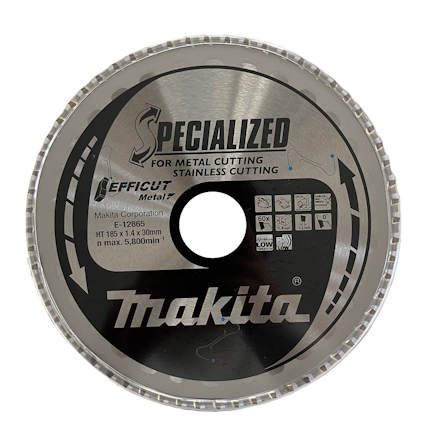 Cirkelformad sågklinga med texten "SPECIALIZED", "EFFICIUT", "Makita" och "FOR METAL CUTTING STAINLESS CUTTING".