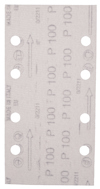 Sandpapper med rektangulär form, åtta runda hål och texten "P 100" upprepad i flera rader.