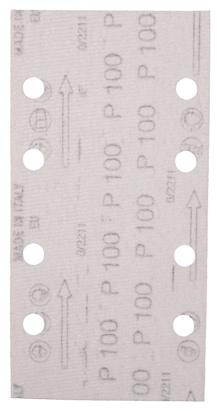 Sandpapper med rektangulär form, åtta runda hål och texten "P 100" upprepad i flera rader.