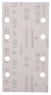Rektangulärt slippapper med flera hål och grå text inklusive "P120" och "MADE IN ITALY".