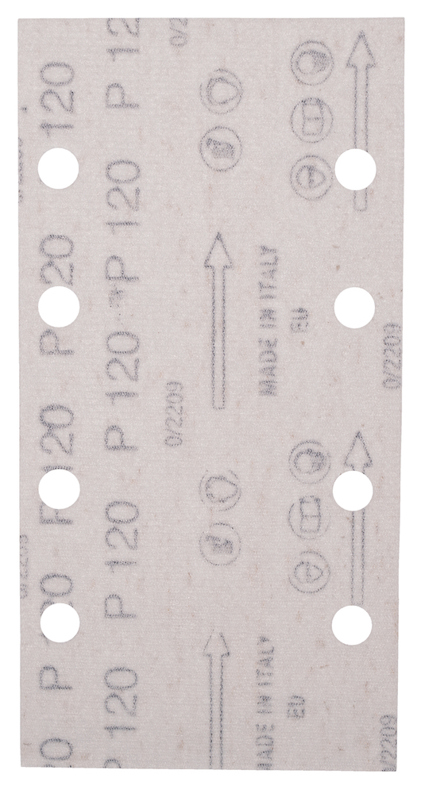 Rektangulärt slippapper med flera hål och grå text inklusive "P120" och "MADE IN ITALY".