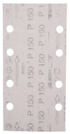 Rektangulärt sandpapper med hål och texten "P 150" tryckt flera gånger.