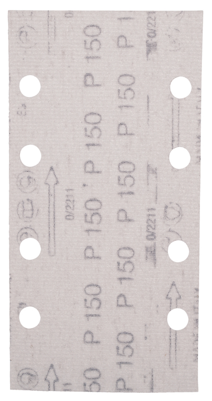 Rektangulärt sandpapper med hål och texten "P 150" tryckt flera gånger.
