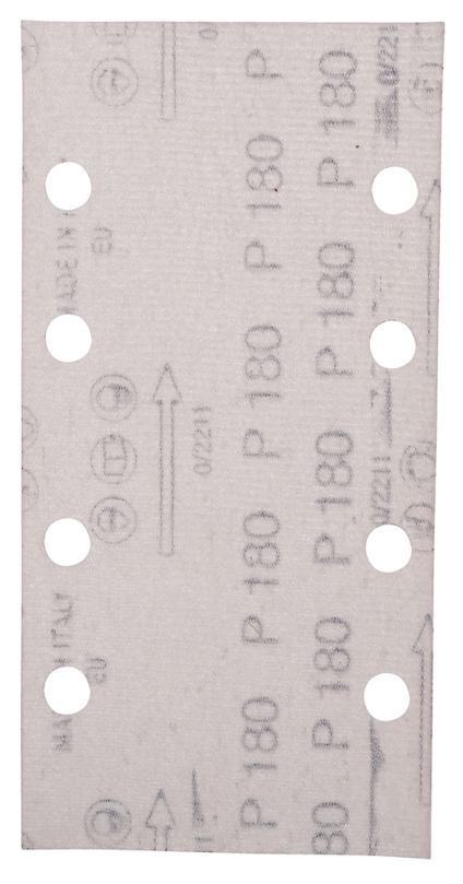 Rektangulärt sandpapper med hål och text som anger P180-grit.
