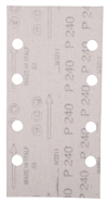 Rektangulärt sandpapper med åtta runda hål och text inklusive "P240" och pilar.