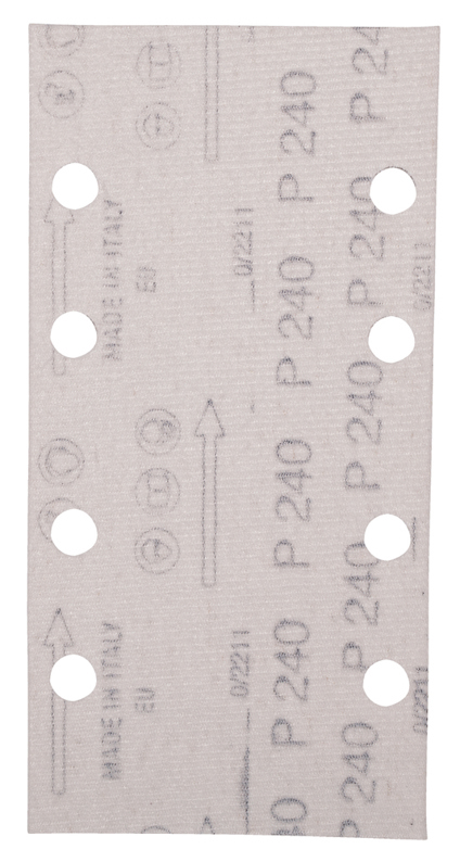 Rektangulärt sandpapper med åtta runda hål och text inklusive "P240" och pilar.