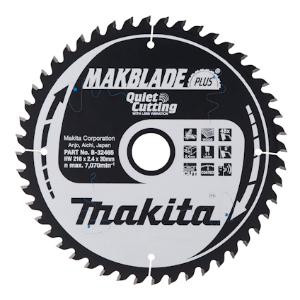 Cirkelformat sågklinga för trä med svart och silver etikett med texten "MAKBLADE Plus" och "Makita".