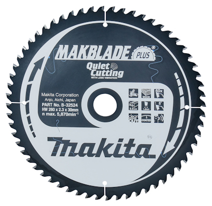 Cirkelformad sågklinga med text "Makblade Plus" och "Makita" samt ikon för tystare sågning.