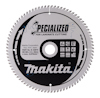 Cirkelformad sågklinga med text "Specialized for Laminate Cutting" och "Makita". Detaljer om antal tänder och modellnummer syns.