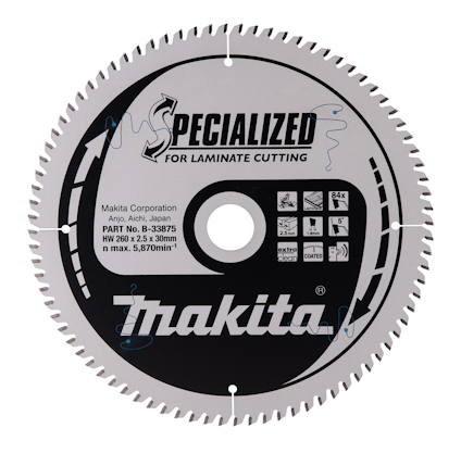 Cirkelformad sågklinga med text "Specialized for Laminate Cutting" och "Makita". Detaljer om antal tänder och modellnummer syns.