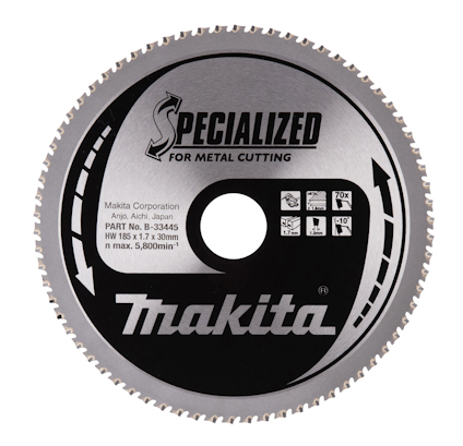 Cirkulär sågklinga med texten "Specialized for Metal Cutting" och "Makita".