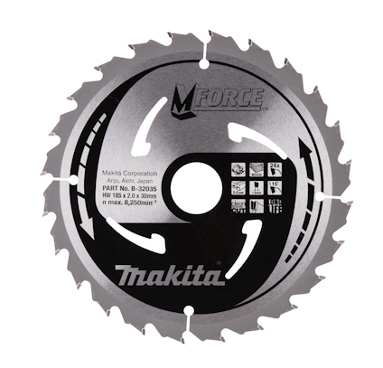 Cirkelsågklinga med tandade kanter, logotypen "Makita" och textdetaljer tryckta på ytan.
