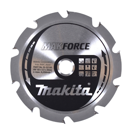 Cirkulär sågklinga i metall med texten "Makita Makforce" och tekniska specifikationer tryckta i silver och svart.