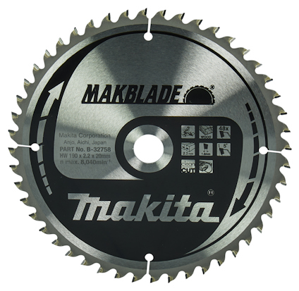 Rund cirkelformad sågklinga med tänder och texten "Makblade" och "Makita". Klingan har svart och silverfärgad design.