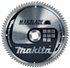 Sågklinga med märket "Makblade" och "Makita" tryckt på ytan. Text och symboler visas på silver- och svart bakgrund.