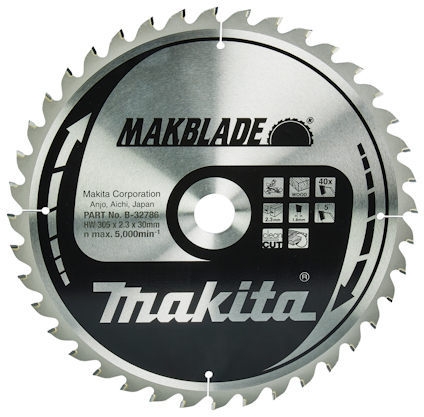 Cirkelsågklinga med texten "Makblade" och "Makita", samt specifikationer och logotyper för träkapning.