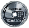 Cirkulär sågklinga med texten "Makblade" och "Makita", samt ikoner för träbearbetning och tekniska specifikationer.