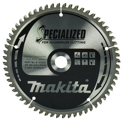 Cirkelsågklinga med texten "Makita", "SPECIALIZED FOR ALUMINUM CUTTING" och symboler för skärning i aluminium.