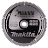 Sågklinga med texten "SPECIALIZED FOR ALUMINUM CUTTING" och "Makita" samt symboler och specifikationer tryckta på ytan.