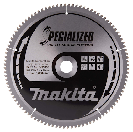 Sågklinga med texten "SPECIALIZED FOR ALUMINUM CUTTING" och "Makita" samt symboler och specifikationer tryckta på ytan.