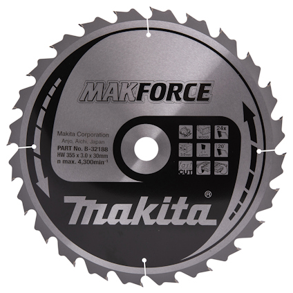 Cirkulär sågklinga med grå och svart design, tänder längs kanten, texten "Makforce" och flera symboler och specifikationer tryckta på ytan.