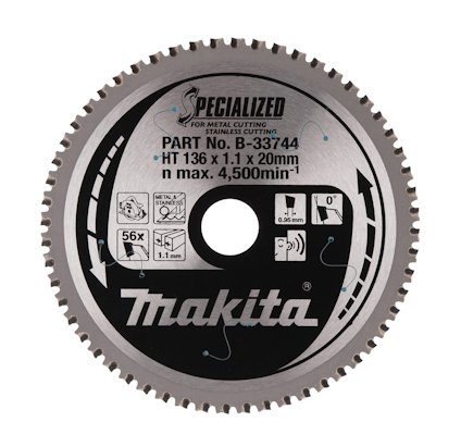 Rund sågklinga med tänder runt kanten, märkt "Makita" och "Specialized for metal cutting stainless cutting".