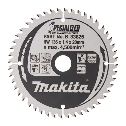 Rund sågklinga med text: "Makita", "SPECIALIZED FOR LAMINATE CUTTING", "PART No. B-33825", med symboler för funktioner.