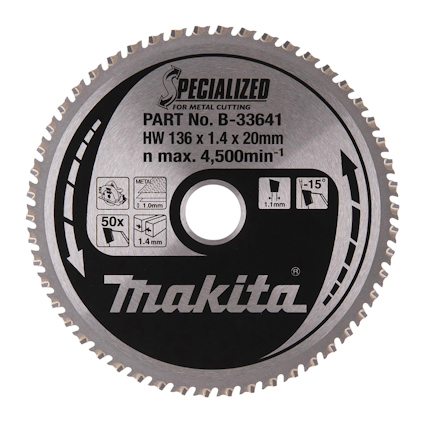 Cirkulär sågklinga med text och logotyper. Märkt "Makita" och "Specialized for metal cutting."