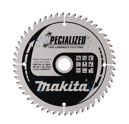 Cirkulär sågklinga med tänder, text "Makita" och "Specialized for Laminate Cutting", samt symboler och produktinformation.