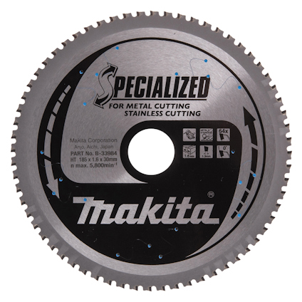 Cirkelsågklinga med text "SPECIALIZED FOR METAL CUTTING STAINLESS CUTTING" och "Makita" i vitt på svart bakgrund.
