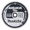 Cirkelformad sågklinga med text "Makblade Plus", "Quiet Cutting" och "Makita", samt teknisk information och symboler.