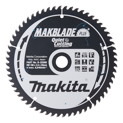 Cirkelformad sågklinga med text "Makblade Plus", "Quiet Cutting" och "Makita", samt teknisk information och symboler.