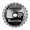 Cirkulär sågklinga med silvriga tänder och svart mittområde med texten "MAKBLADE PLUS", "Makita" och tekniska specifikationer.
